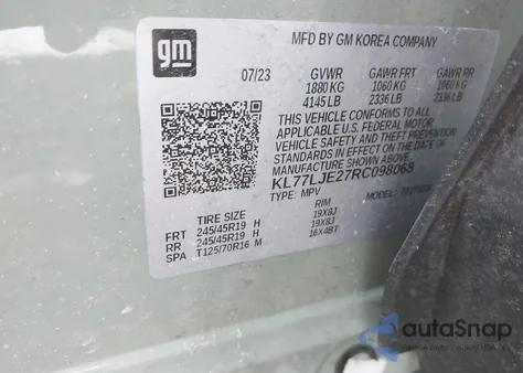 2024 Chevrolet Trax Fwd 2Rs из США, поврежденный, VIN KL77LJE27RC098068